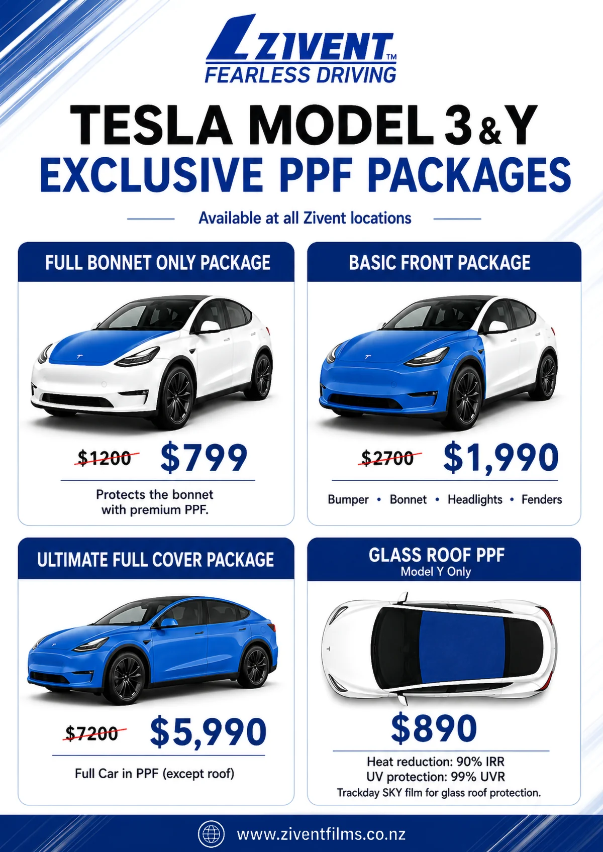 Tesla Model 3 and Model Y PPF packages in New Zealand by Zivent Films