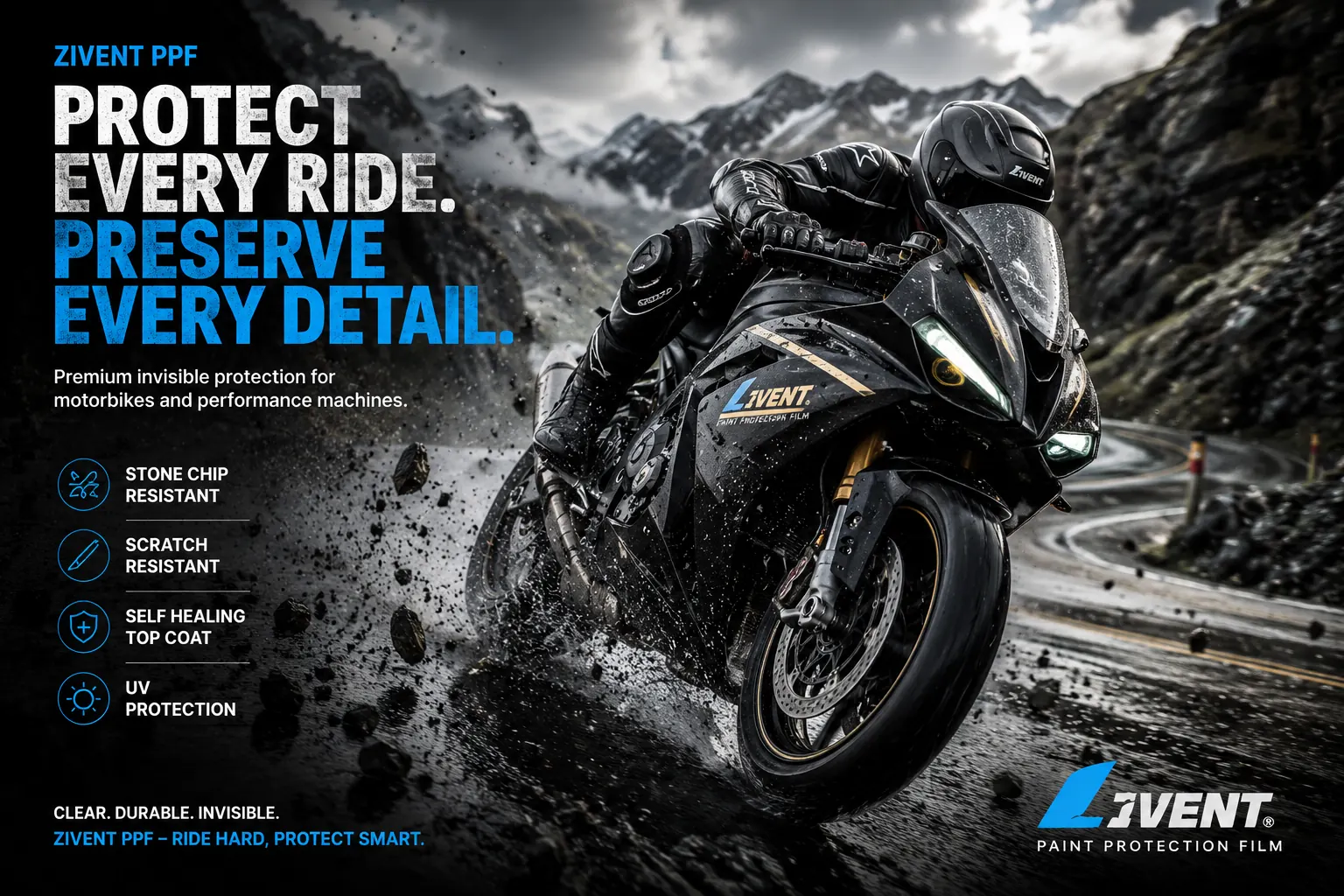 Zivent Motorbike PPF protecting a performance motorcycle on a mountain road