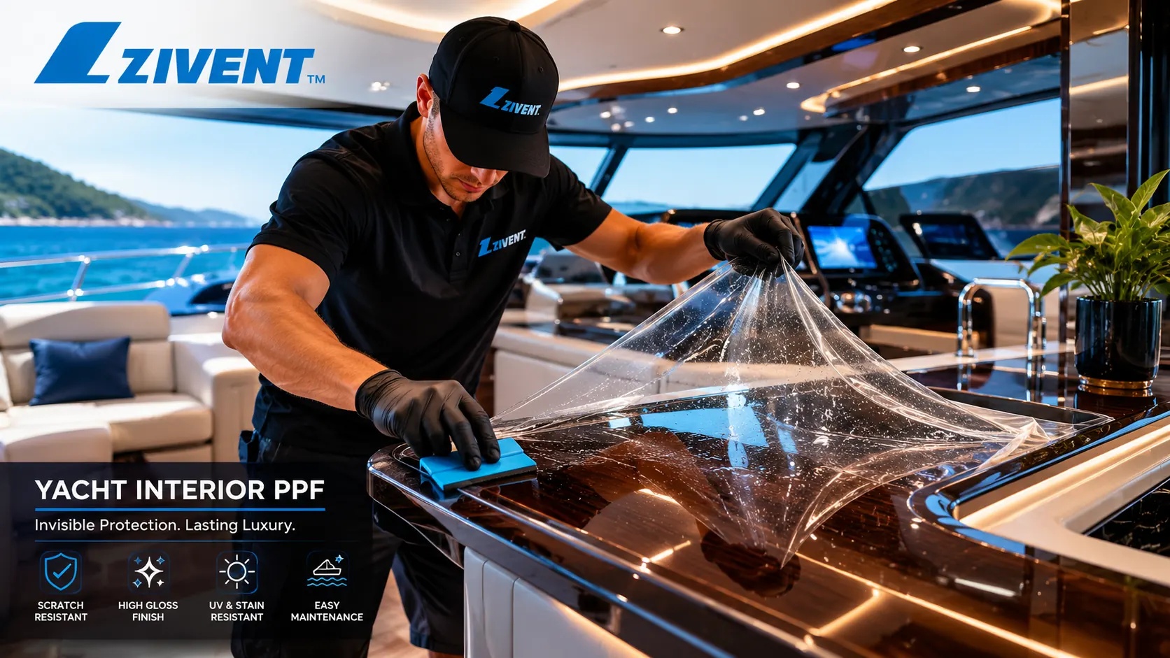 Boat PPF coverage area diagram including bow, hull side, gunwale, transom and swim platform