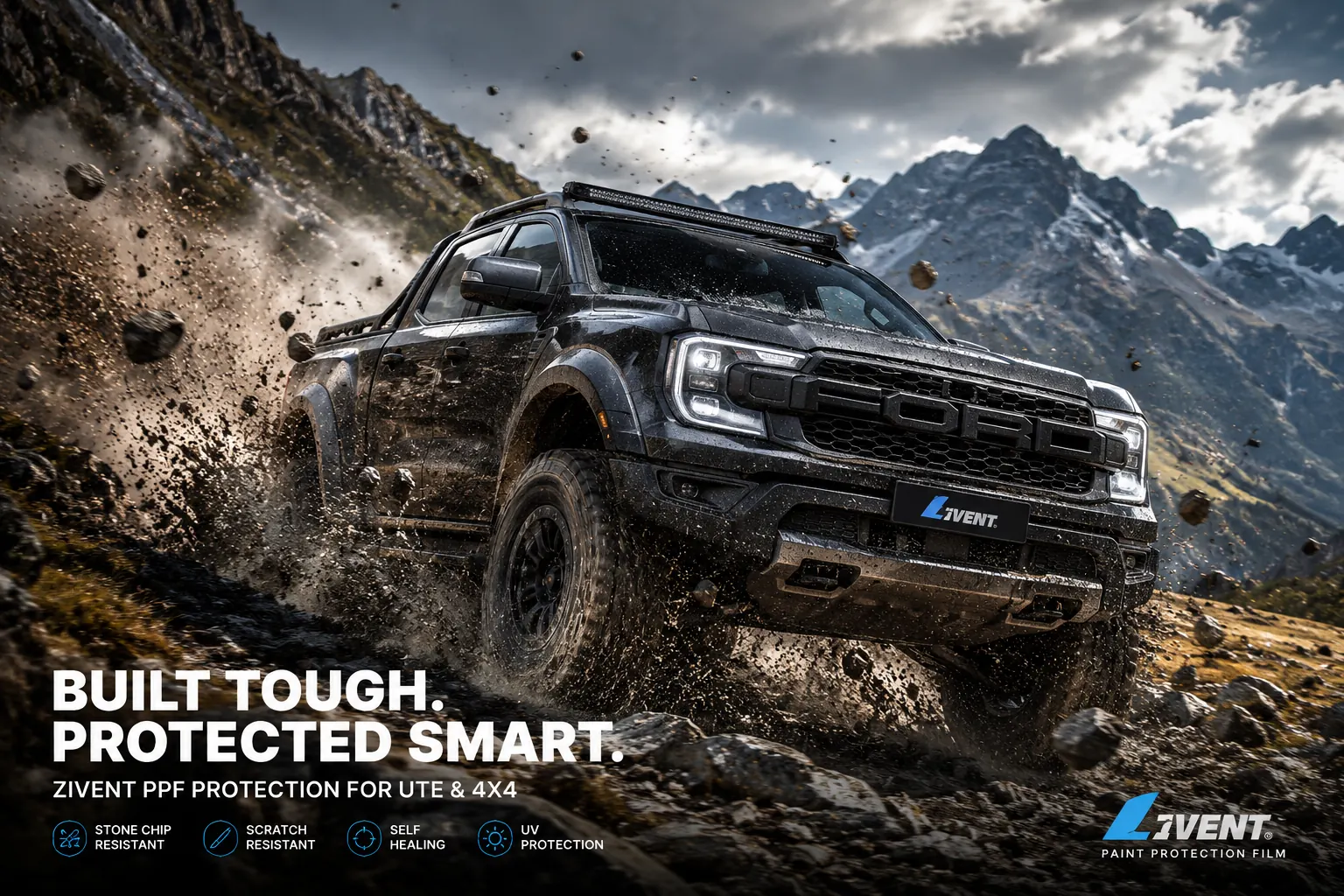 Zivent 4x4 and Ute PPF protecting an off-road ute on a rugged mountain track
